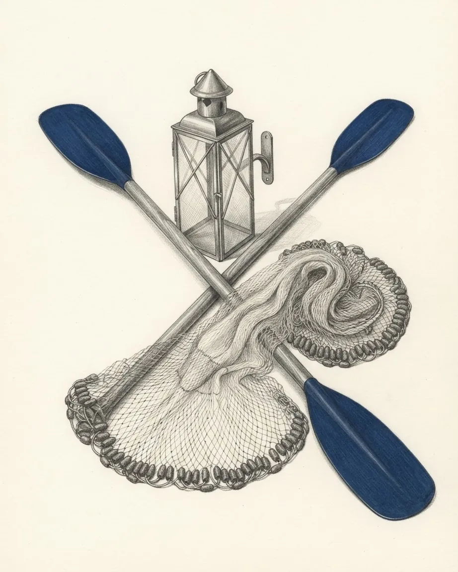 Pencil drawing of two crossed paddles with blue blades, a square tin lantern with a wall bracket and a cast net with a weighted rim spread across them.