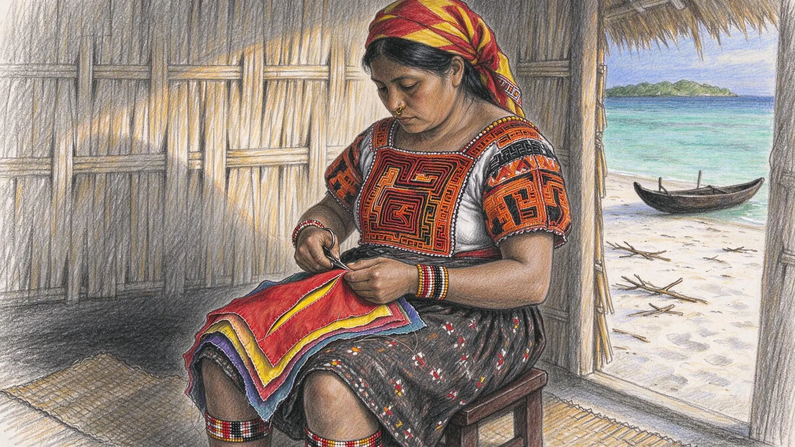 Coloured pencil drawing of a Guna woman in a headscarf, a gold nose ring and a blouse panelled with red and black geometric designs, cutting into layers of coloured cloth in her lap, seated in a cane hut that opens onto a beach with a canoe and an island.