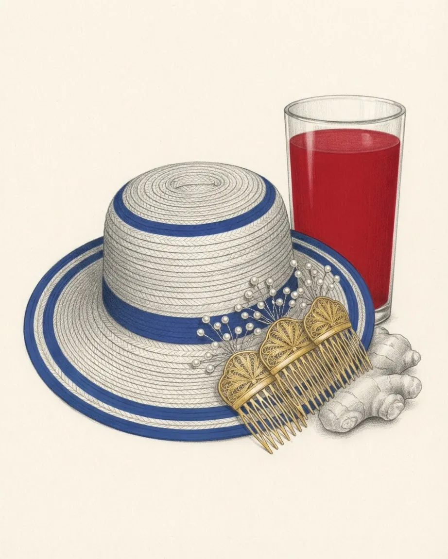 Pencil drawing of a woven straw hat banded in blue, three gold filigree hair combs with pearl-tipped pins, a knob of ginger root and a tall glass of red drink.