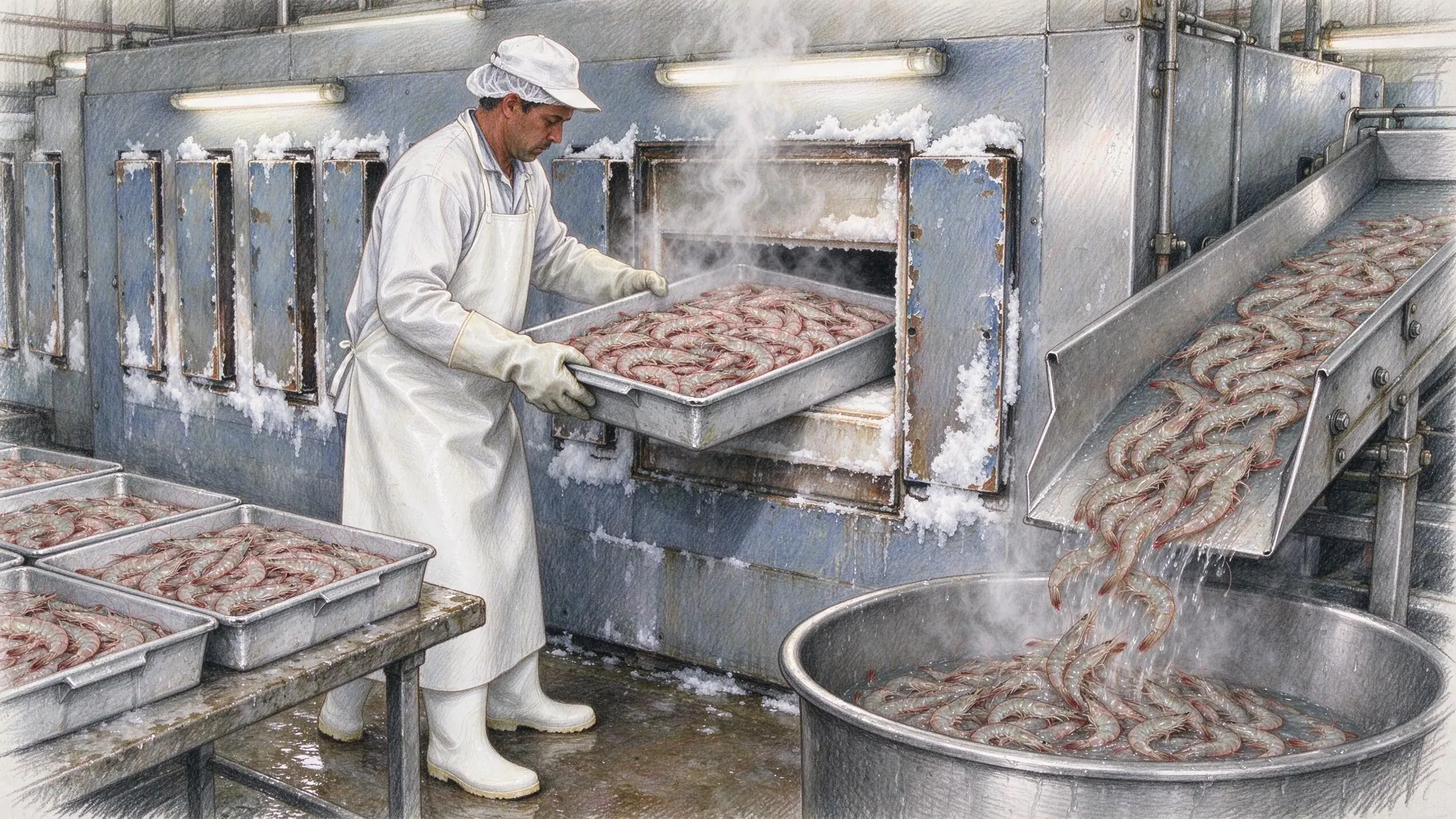 Coloured pencil drawing of a worker in a white cap, apron, gloves and boots sliding a steel tray of shrimp into a frosted freezer, with more trays on a bench and shrimp tumbling down a chute into a steaming steel tub.