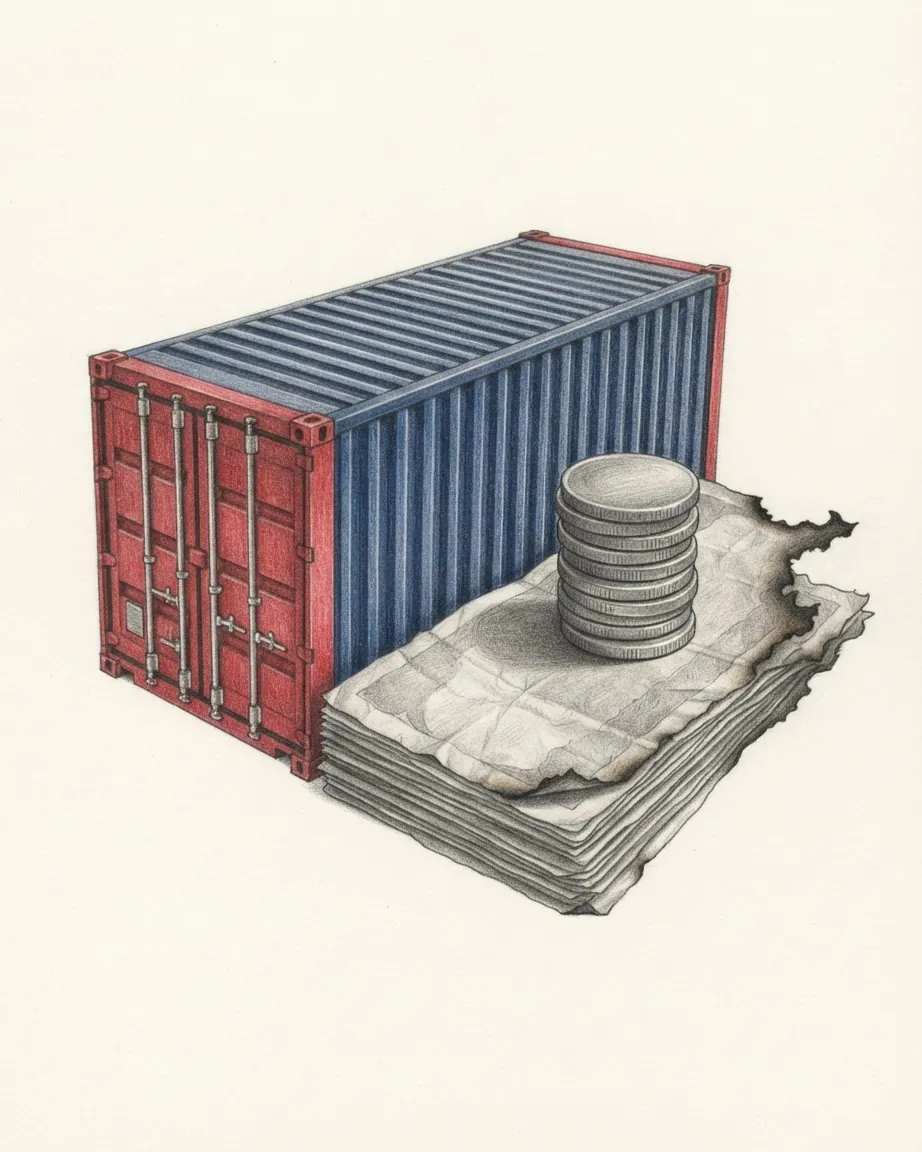 Pencil drawing of a shipping container with red doors and blue corrugated sides, beside a stack of creased, scorched papers with a pile of silver coins on top.