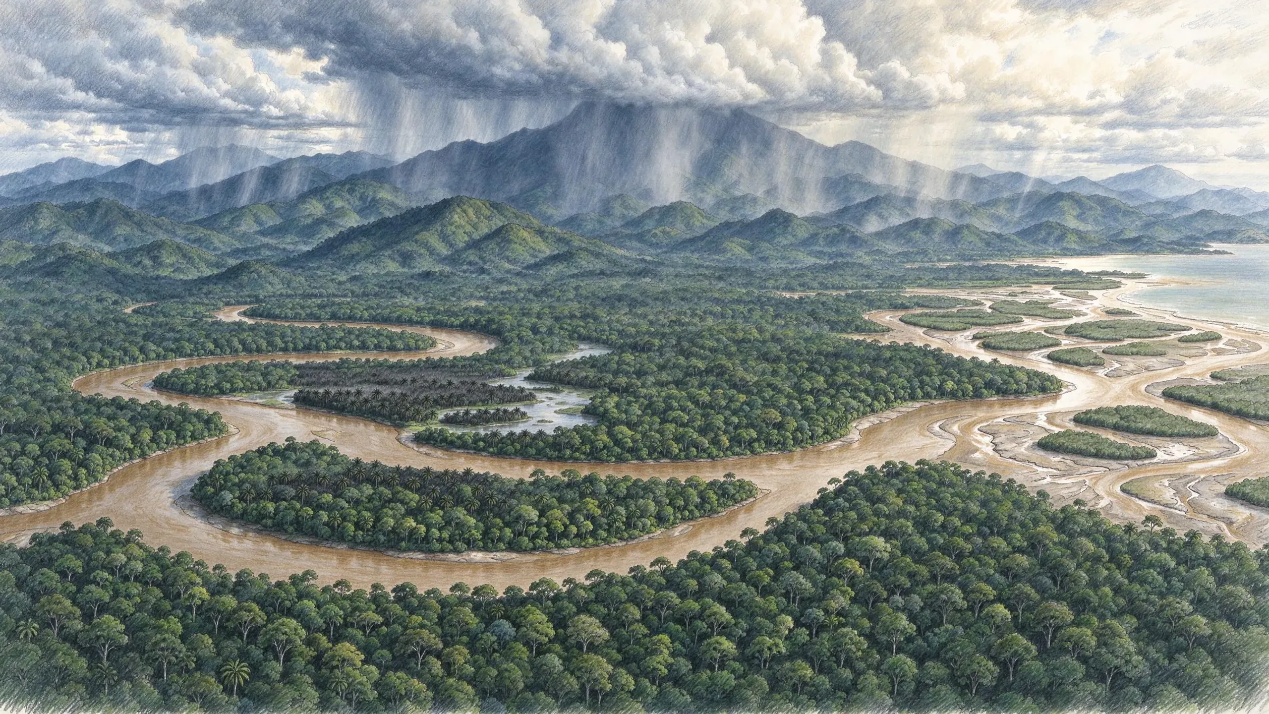 Coloured pencil drawing of a brown river looping through dense rainforest towards mudflats and the sea, with patches of palm swamp in its bends and rain falling from heavy cloud over forested mountains.