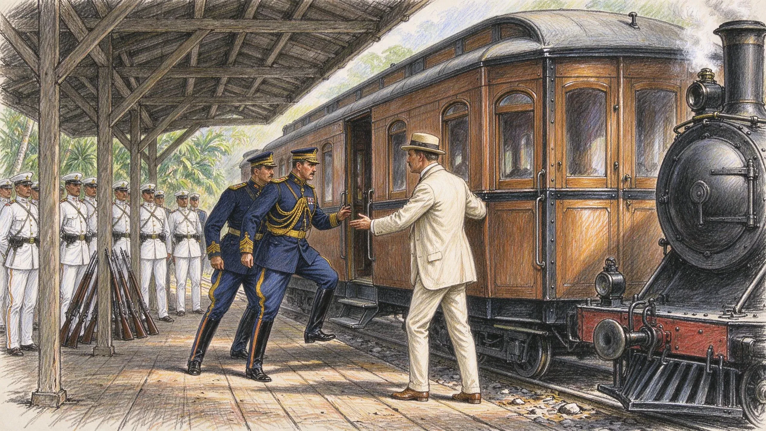 Coloured pencil drawing of two officers in dark blue uniforms with gold braid stepping onto a wooden railway carriage as a man in a pale suit and straw boater waves them aboard, with soldiers in white standing by stacked rifles under the station roof and a steam locomotive at the front.