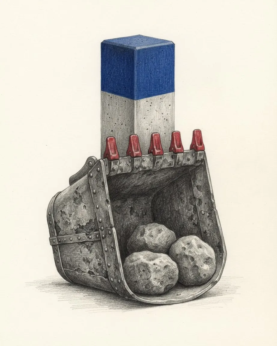Pencil drawing of a rusted excavator bucket with red teeth holding three rough rocks, set against a square concrete post with a blue top.