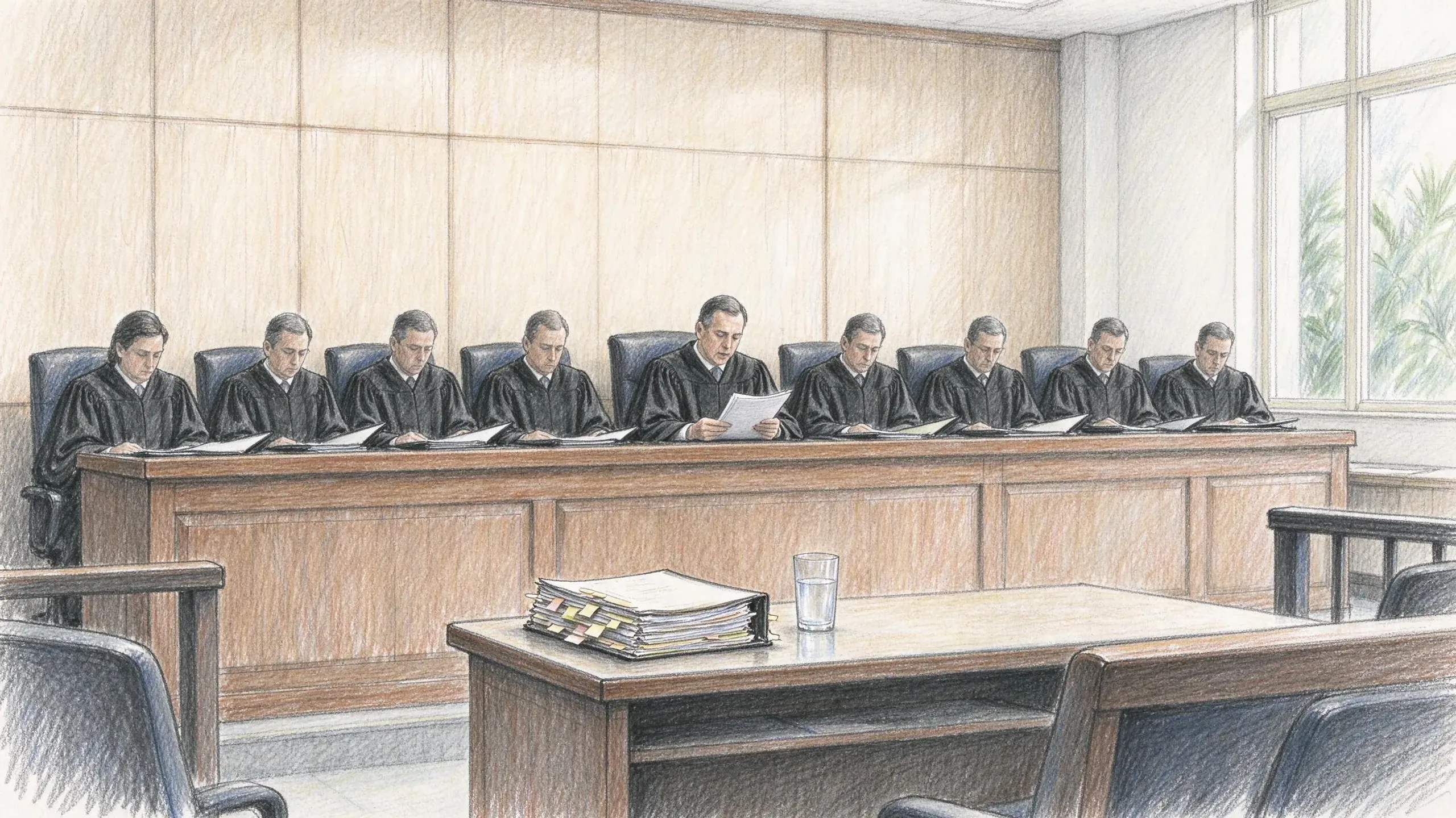 Coloured pencil drawing of nine judges in black robes seated behind a long wooden bench, reading from papers, the one in the centre reading aloud, with a thick tabbed case file and a glass of water on the table in front of them.