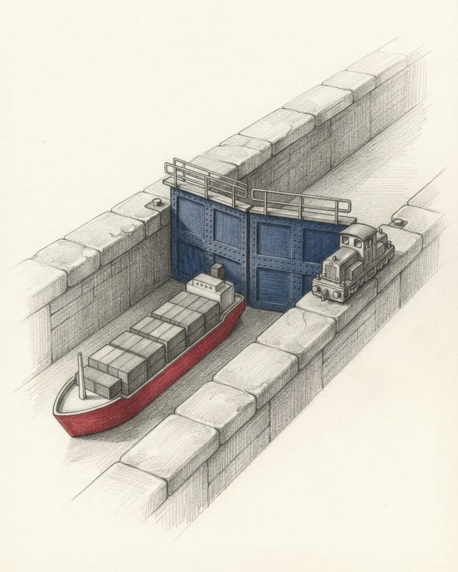 Pencil drawing of a model canal lock between two block walls, its blue riveted steel gates closed, a red container ship loaded with boxes waiting in the chamber and a small locomotive on the wall beside it.