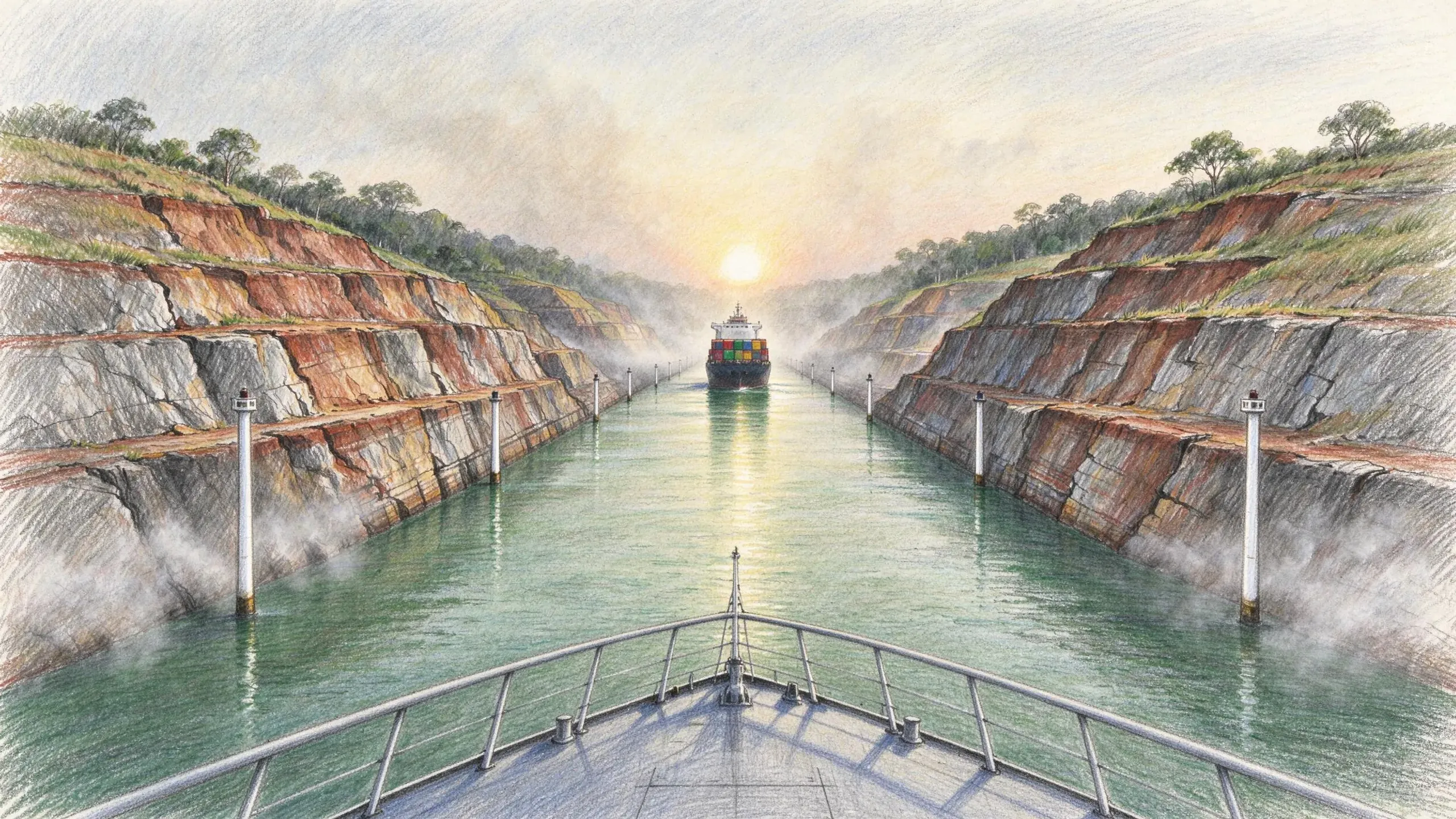 Coloured pencil drawing from the bow of a ship looking down a canal cut through terraced red and grey rock, with white marker posts along both banks, mist at the water's edge and a container ship ahead against a low sun.