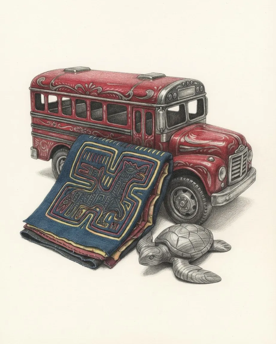Pencil drawing of a red bus painted with scrolls and chrome trim, a folded blue cloth panel stitched with a layered animal design and a carved wooden turtle.