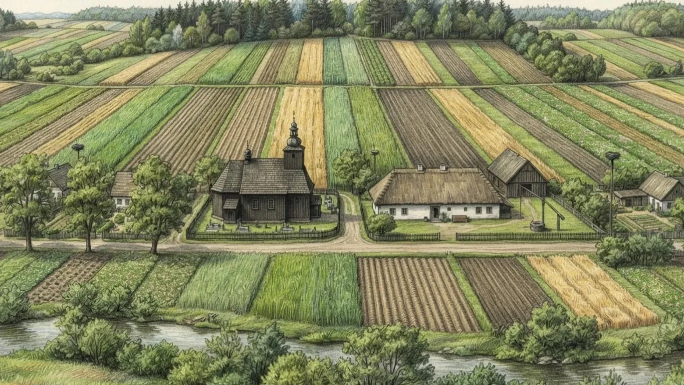 A coloured pencil drawing of Polish farmland: long narrow strip fields in greens and golds running across gentle ground, a small timber church and a thatched white farmhouse among trees, and a slow river in the foreground.
