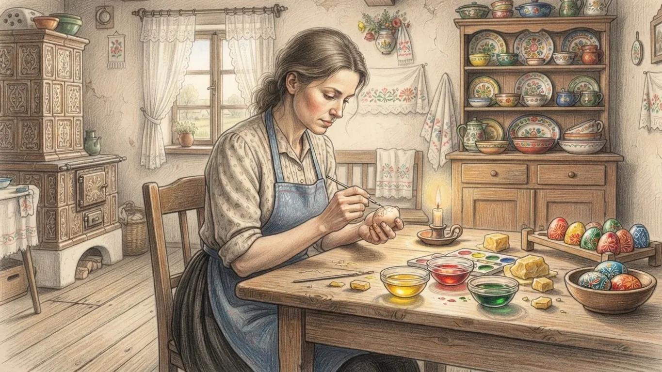 A coloured pencil drawing of a woman painting eggs with wax and dye at a kitchen table, bowls of colour and finished eggs beside her, a tiled stove and a dresser of painted plates behind.