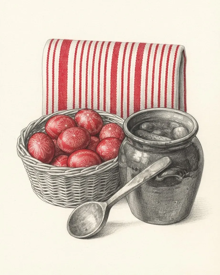 A graphite still life: a wicker basket of eggs decorated in red, an earthenware jar with a wooden spoon, and a folded red and white striped cloth.