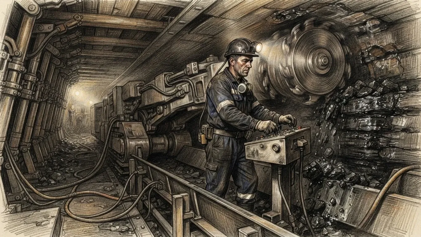A coloured pencil drawing of a coal face underground: a shearer's cutting drum biting into the seam and a miner with a helmet lamp at its controls, the gallery shored with steel supports.