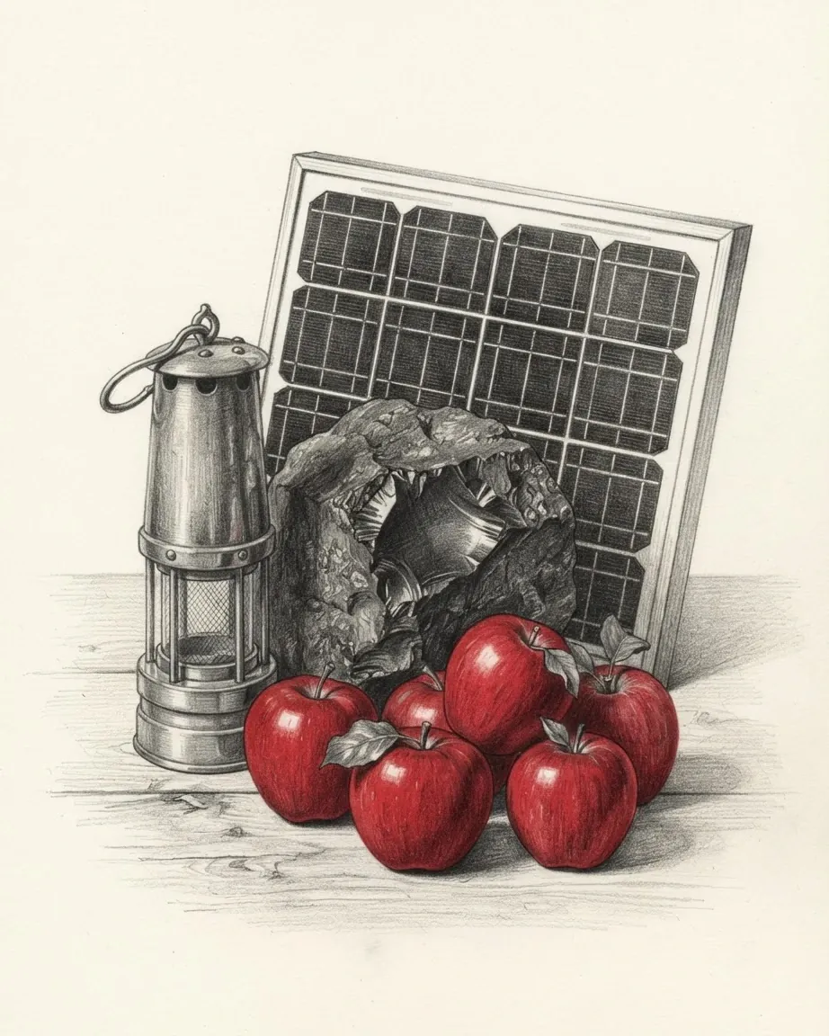 A graphite still life: a miner's lamp, a lump of coal and a solar panel behind a heap of apples drawn in red.