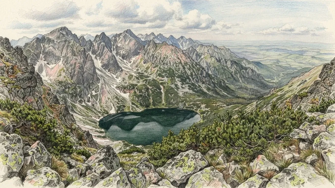 A coloured pencil drawing of the Tatra Mountains: granite peaks with patches of snow above a dark mountain lake, dwarf pine on the slopes and lowland running out to the horizon.