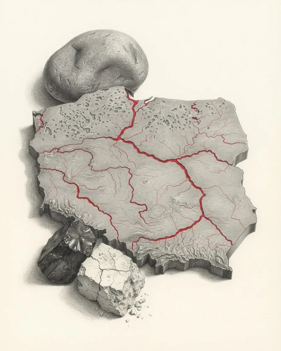 A graphite relief model of Poland with its rivers traced in red, a rounded boulder resting on it and lumps of coal and chalk at its foot.