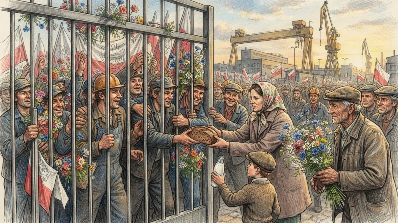 A coloured pencil drawing of striking shipyard workers behind a steel gate hung with flowers and red and white flags, taking bread and milk from a woman and a boy outside, with cranes behind them.