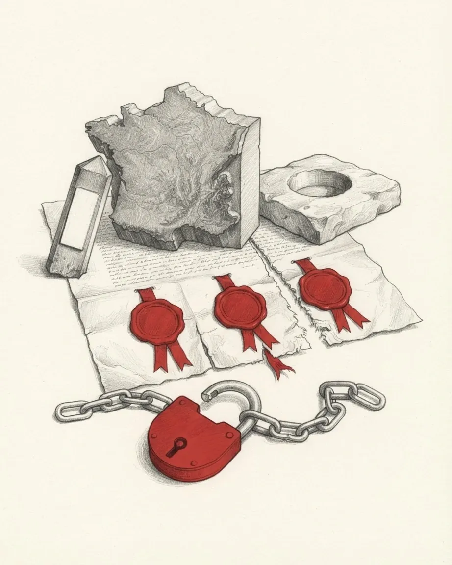 A graphite still life: a squared block of carved stone and a broken slab, three wax seals in red on ribbons across folded documents, and a broken chain with an open red padlock.