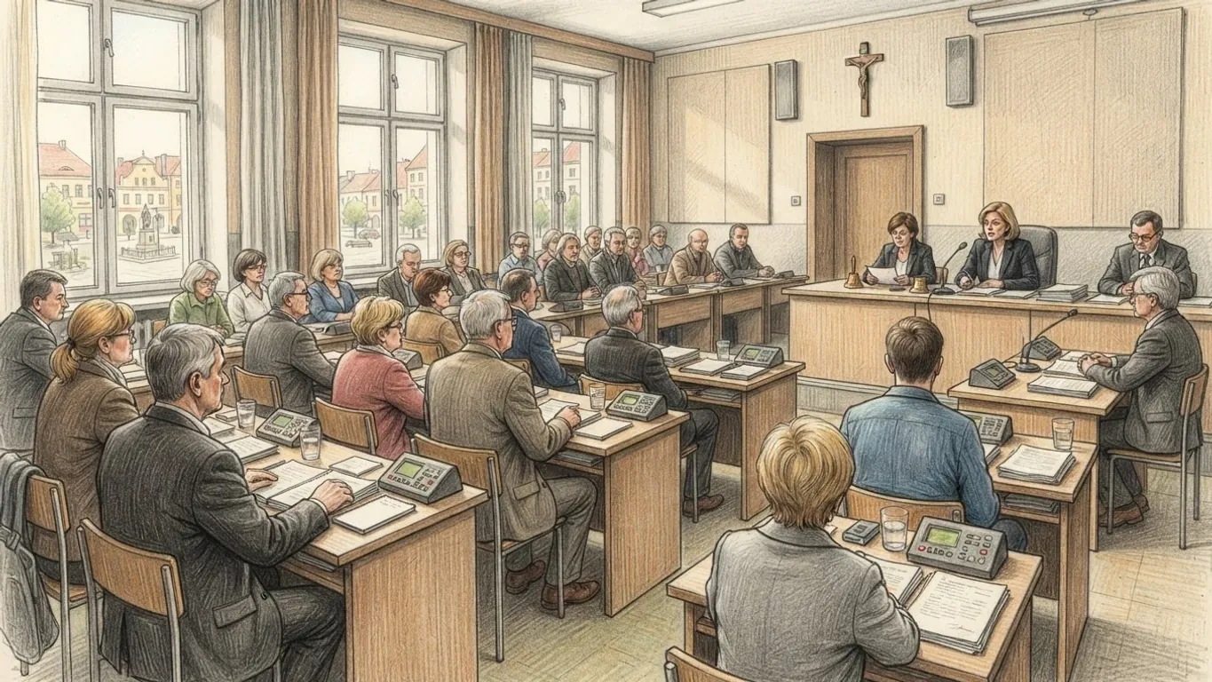 A coloured pencil drawing of a town council session: members at rows of desks with voting consoles facing a raised table, a crucifix on the wall and the town square outside the windows.