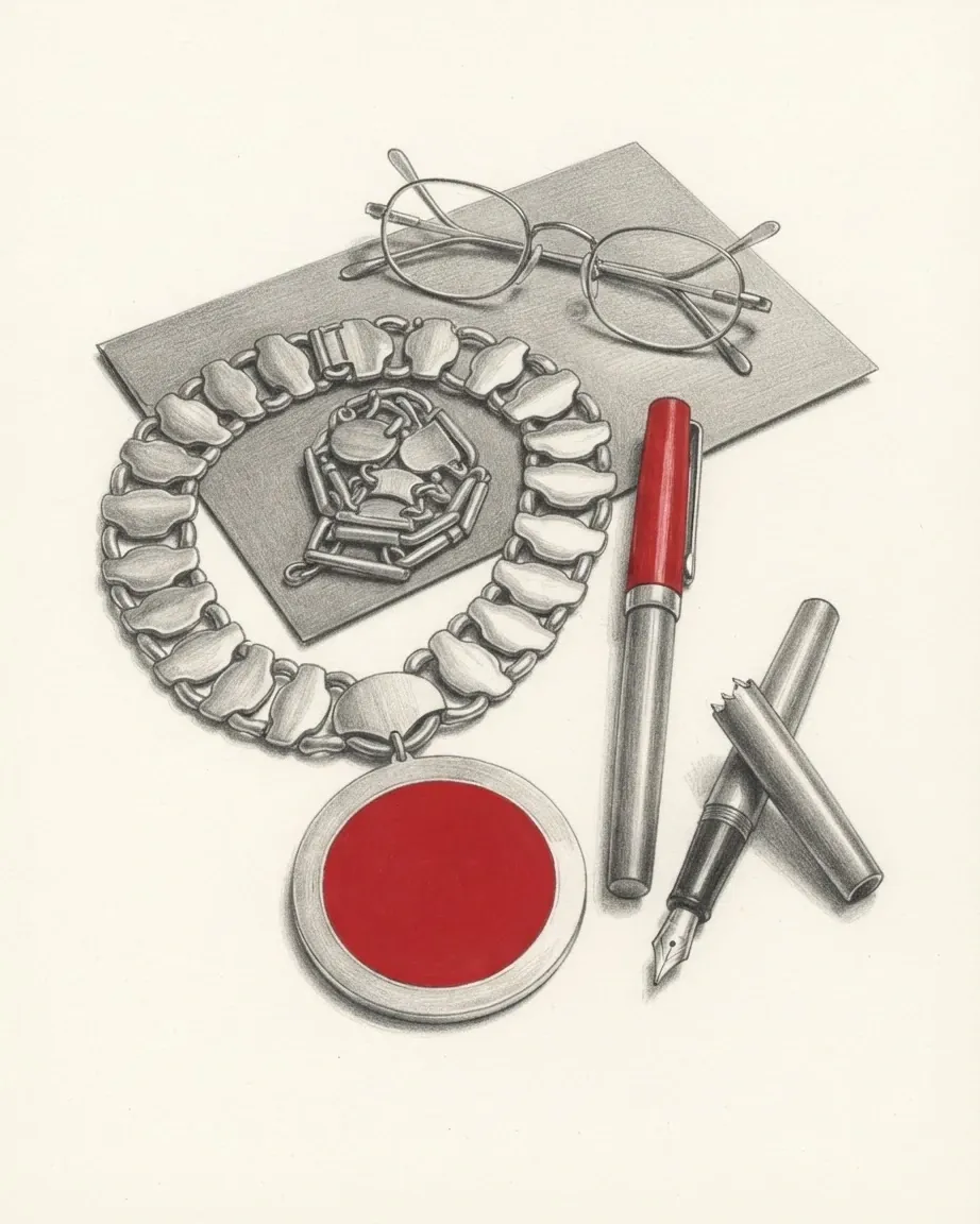 A graphite still life: a heavy chain of office with a red medallion, a folded pair of spectacles on a card, and two fountain pens, one of them red.