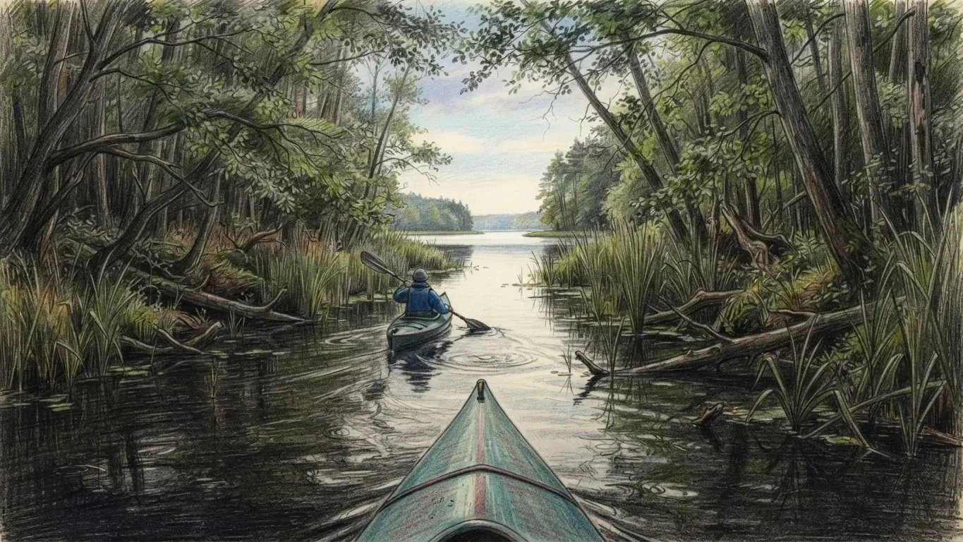 A coloured pencil drawing from the bow of a kayak on a quiet river through reeds and woodland, another paddler ahead and a lake opening beyond the trees.