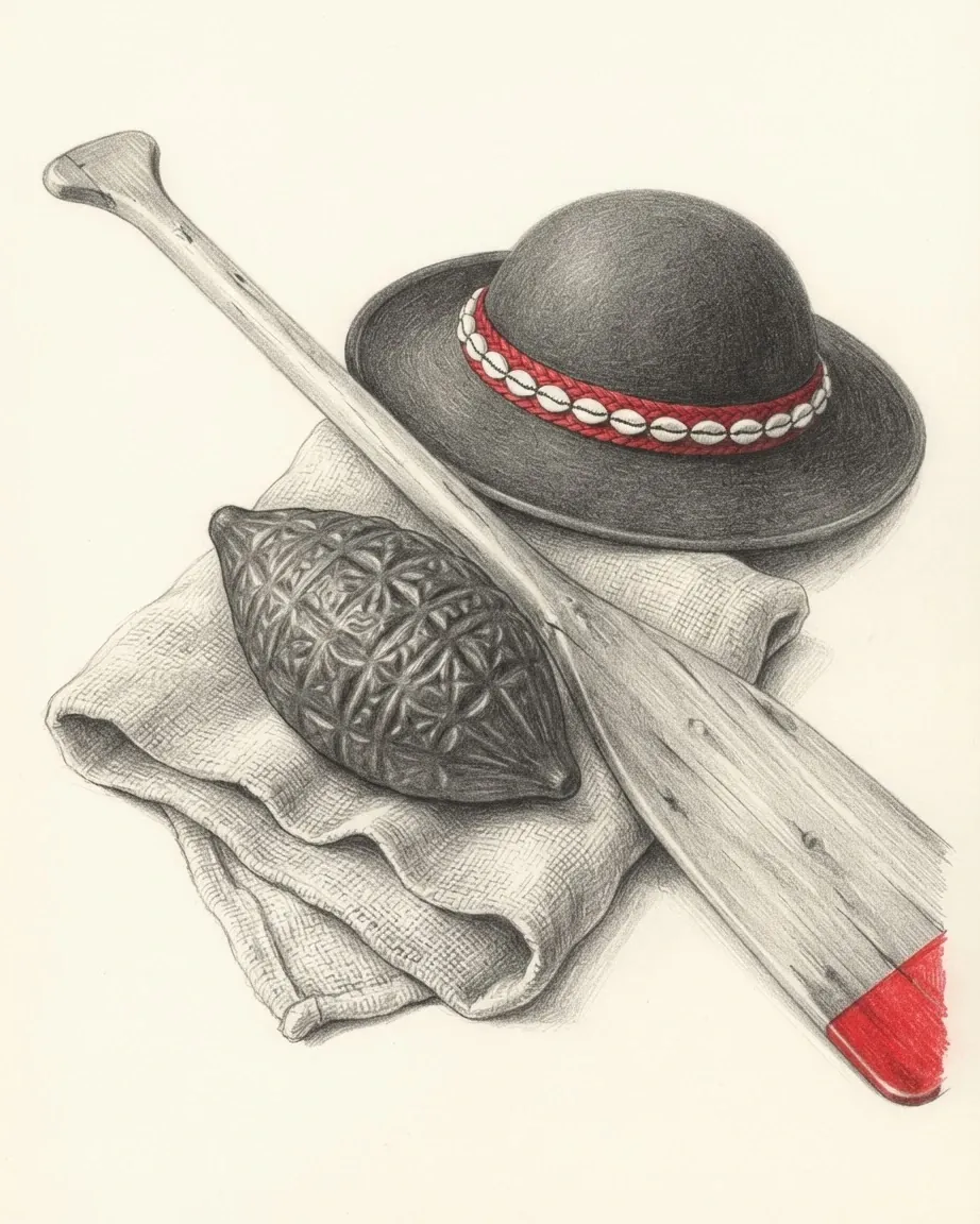 A graphite still life: a wooden paddle with a red blade, a round felt hat with a red band studded with shells, and a carved wooden cheese mould on a folded cloth.