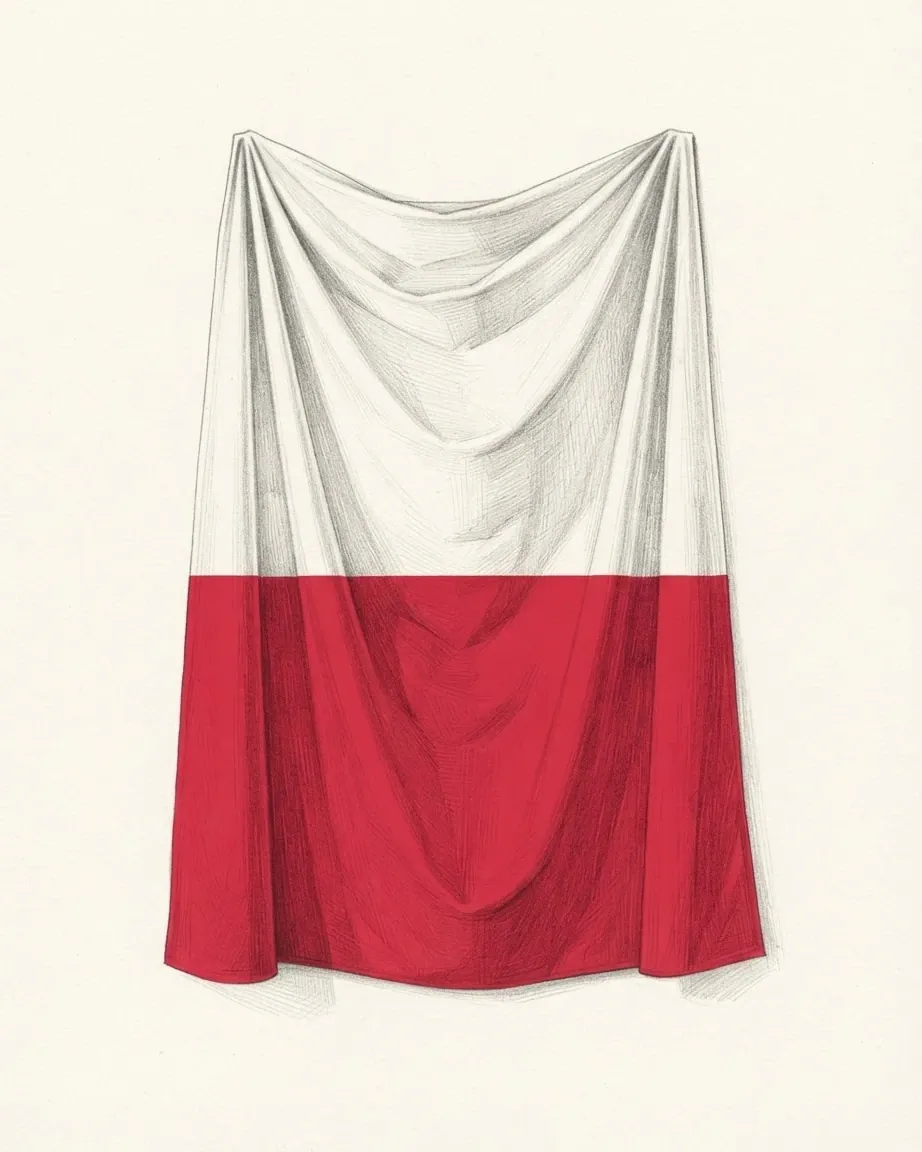 The flag of Poland drawn as a hanging cloth, its white upper band left as bare paper and its lower band in solid red, falling in soft folds.