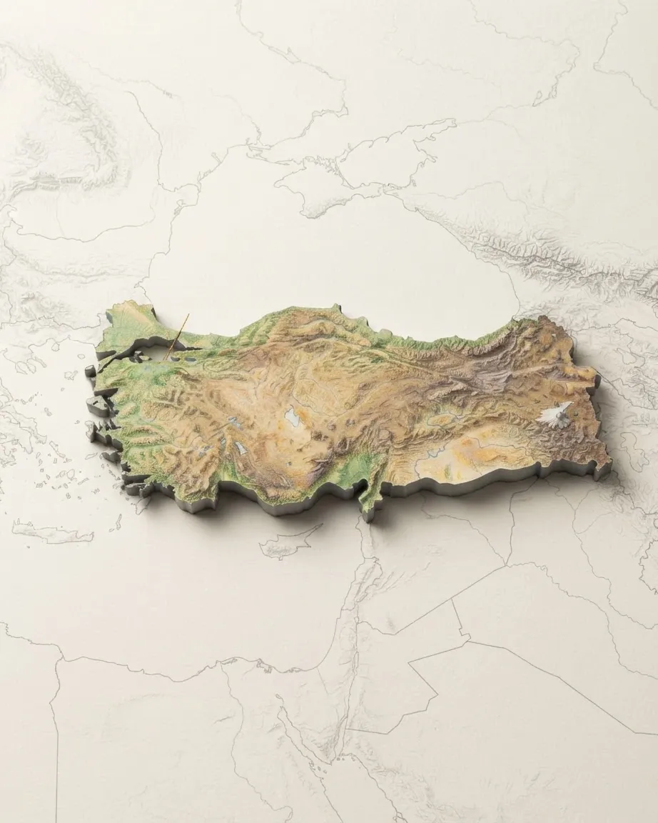 Türkiye drawn in graphite and coloured pencil as a raised cast relief in its natural colours, the surrounding land a faint uncoloured relief: the Anatolian plateau between the Black Sea and the Mediterranean, with the Pontic and Taurus ranges along its edges.