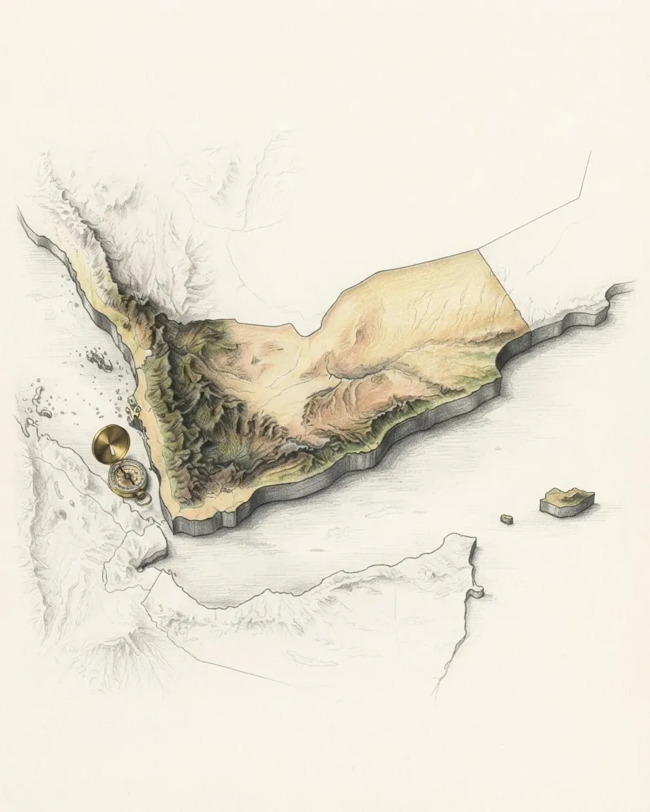 Yemen drawn in graphite and coloured pencil as a raised cast relief in its natural colours, the surrounding land a faint uncoloured relief: the high mountains along the Red Sea and the Wadi Hadhramaut plateau, Socotra offshore and a small brass compass in the strait of Bab-el-Mandeb.