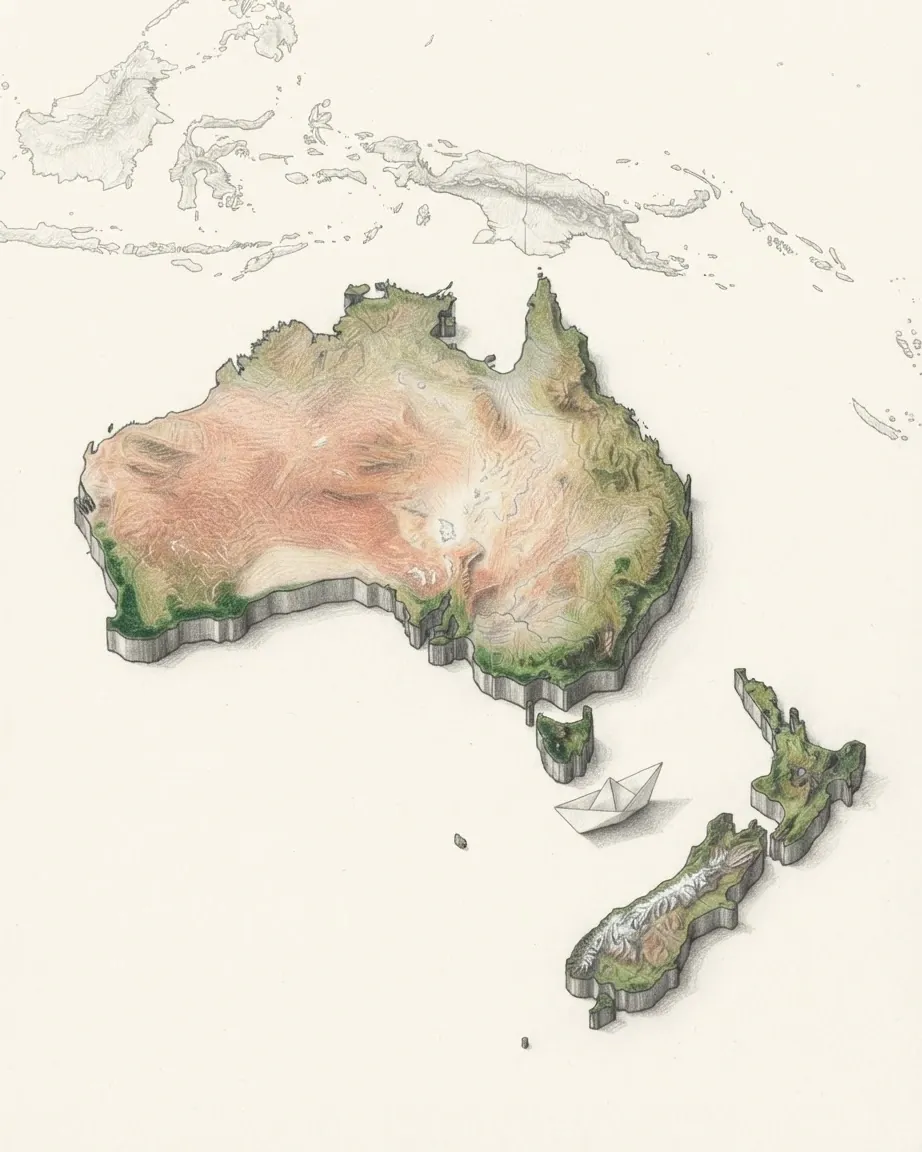 Australia and New Zealand drawn in graphite and coloured pencil as a raised cast relief in its natural colours, the surrounding land a faint uncoloured relief: Australia's red-ochre interior and green coastal rims, New Zealand's two mountainous islands to the south-east, and a small paper boat on the Tasman Sea between them.