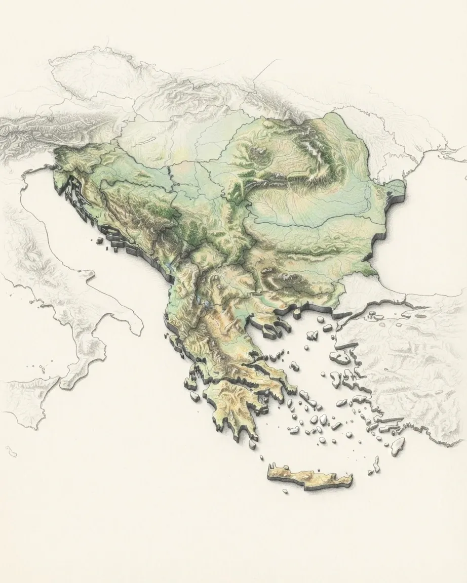 The Balkan Peninsula drawn in graphite and coloured pencil as a raised cast relief in its natural colours, the surrounding land a faint uncoloured relief: the Dinaric Alps along the Adriatic, the Carpathian arc and the Danube plain, and Greece with the Peloponnese and the Aegean islands.