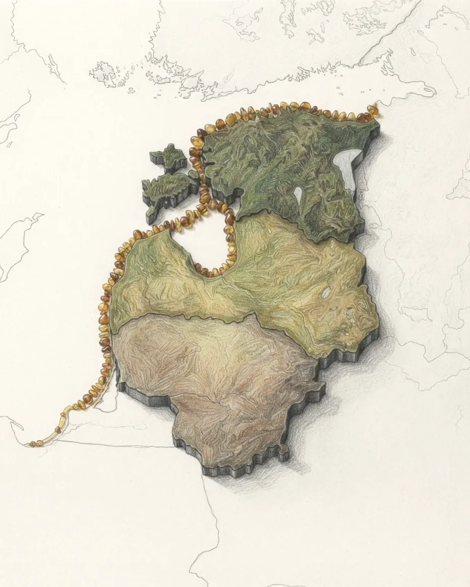 Estonia, Latvia and Lithuania drawn in graphite and coloured pencil as a raised cast relief in its natural colours, the surrounding land a faint uncoloured relief: low green forest and lakeland around the round Gulf of Riga, the western islands of Estonia, and a string of amber beads along the whole Baltic coast.