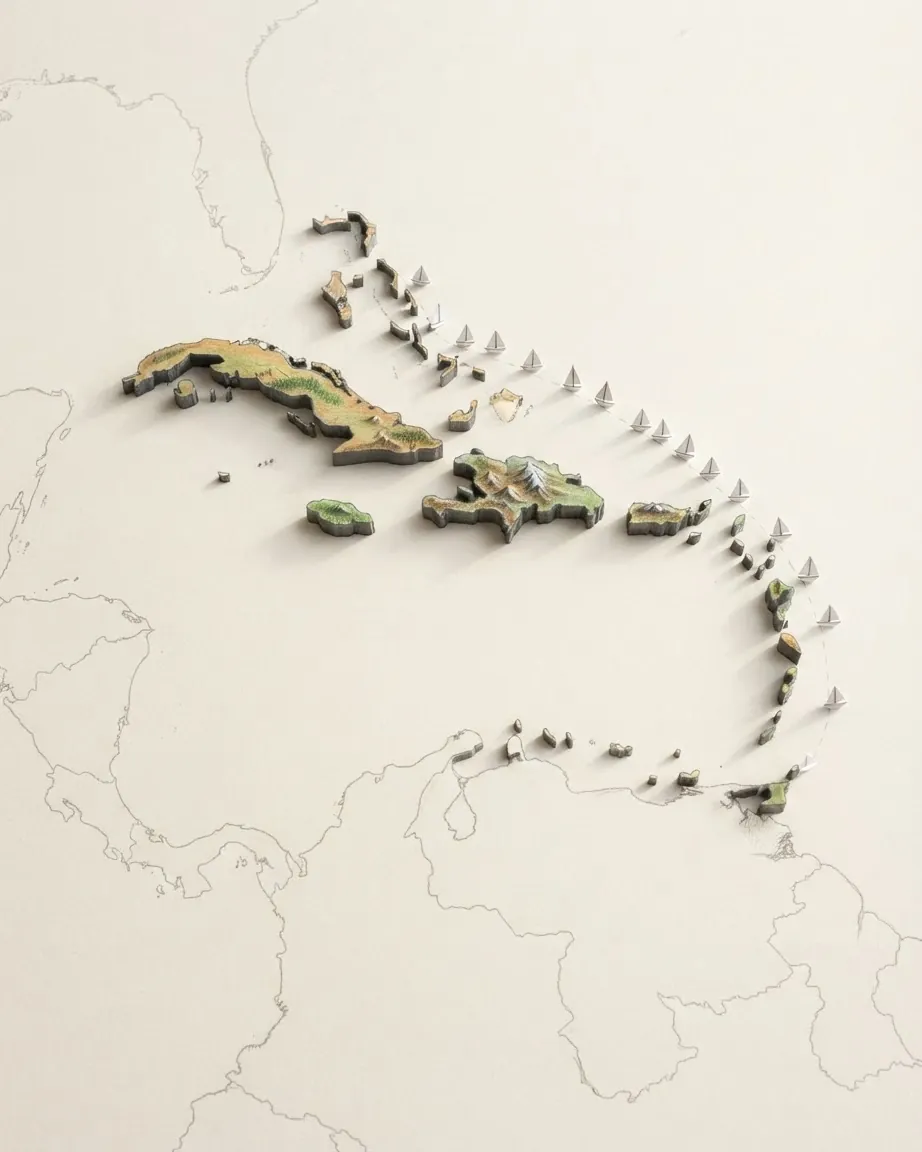 The Caribbean islands drawn in graphite and coloured pencil as a raised cast relief in its natural colours, the surrounding land a faint uncoloured relief: Cuba, Hispaniola, Jamaica and Puerto Rico in the north and the arc of the Lesser Antilles curving south.