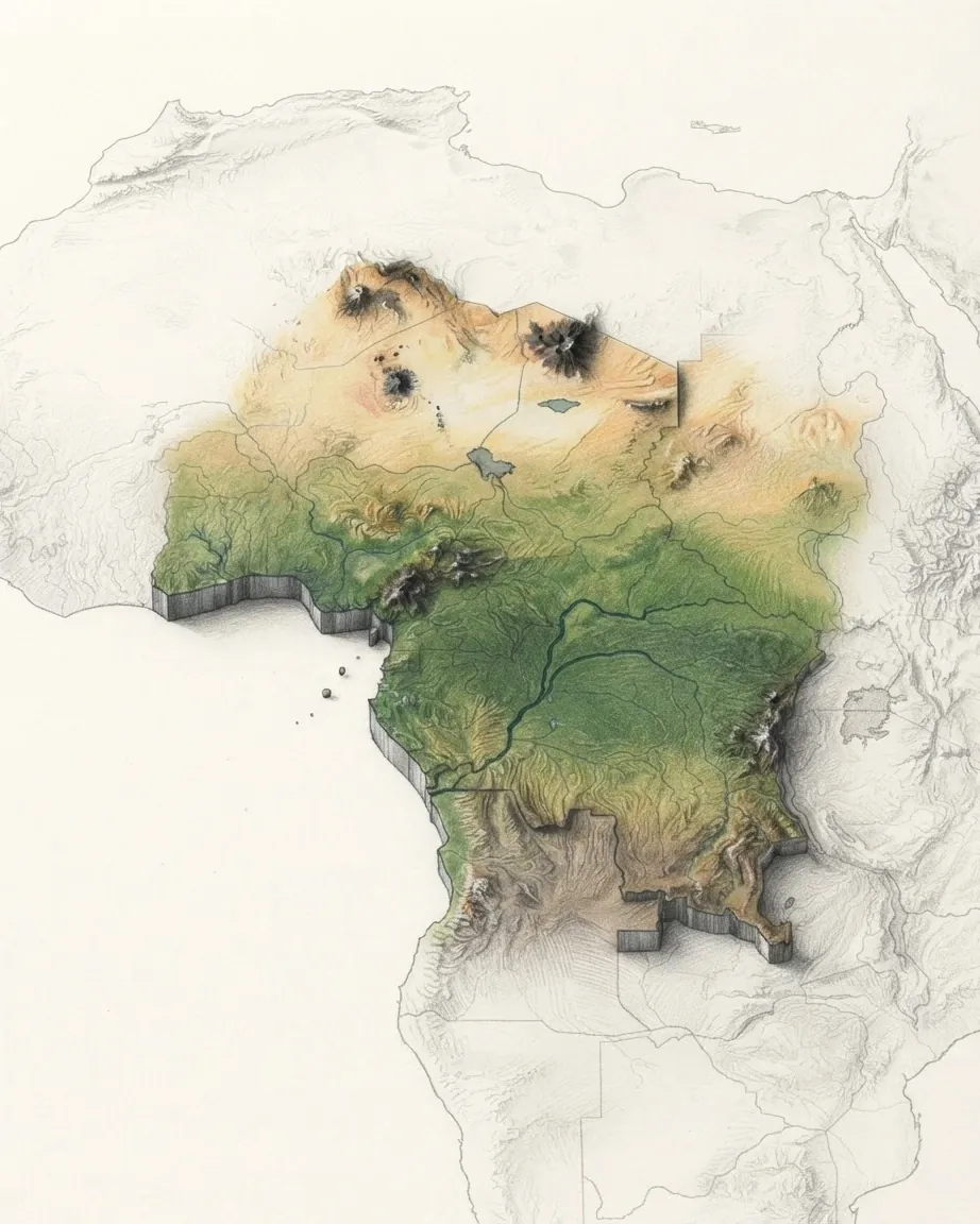 Central Africa drawn in graphite and coloured pencil as a raised cast relief in its natural colours, the surrounding land a faint uncoloured relief: the green rainforest bowl of the Congo Basin with its river, the dry ochre north running into the Sahara, and the raised plateau in the south.