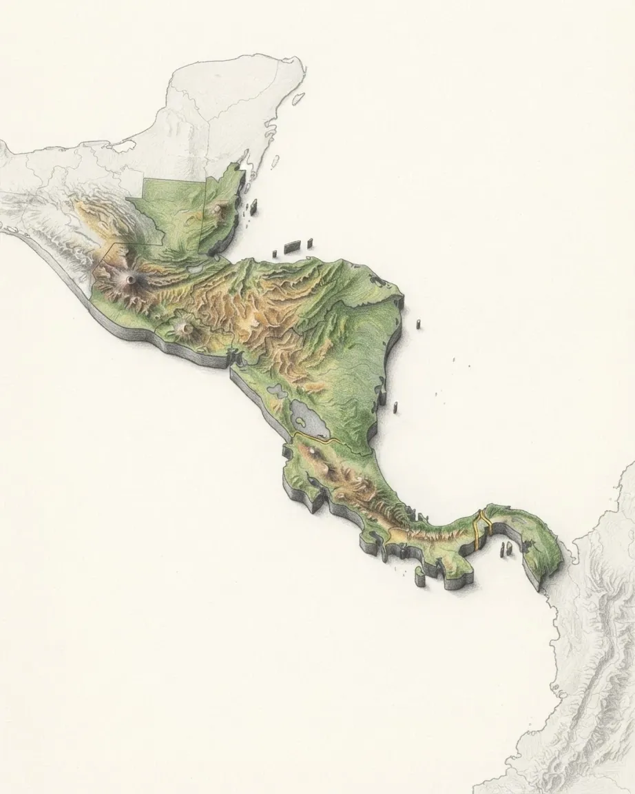 The Central American isthmus drawn in graphite and coloured pencil as a raised cast relief in its natural colours, the surrounding land a faint uncoloured relief: from Belize and Guatemala down through Nicaragua and Costa Rica to Panama, with volcanic highlands along the Pacific side.