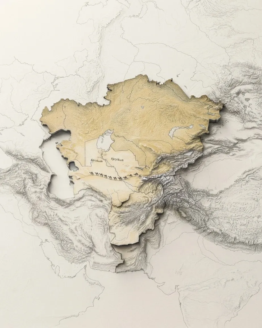 Central Asia drawn in graphite and coloured pencil as a raised cast relief in its natural colours, the surrounding land a faint uncoloured relief: the tawny Kazakh steppe, the pale Kyzylkum and Karakum deserts and the Aral Sea basin, and the white Tian Shan and Pamir ranges in the south-east.