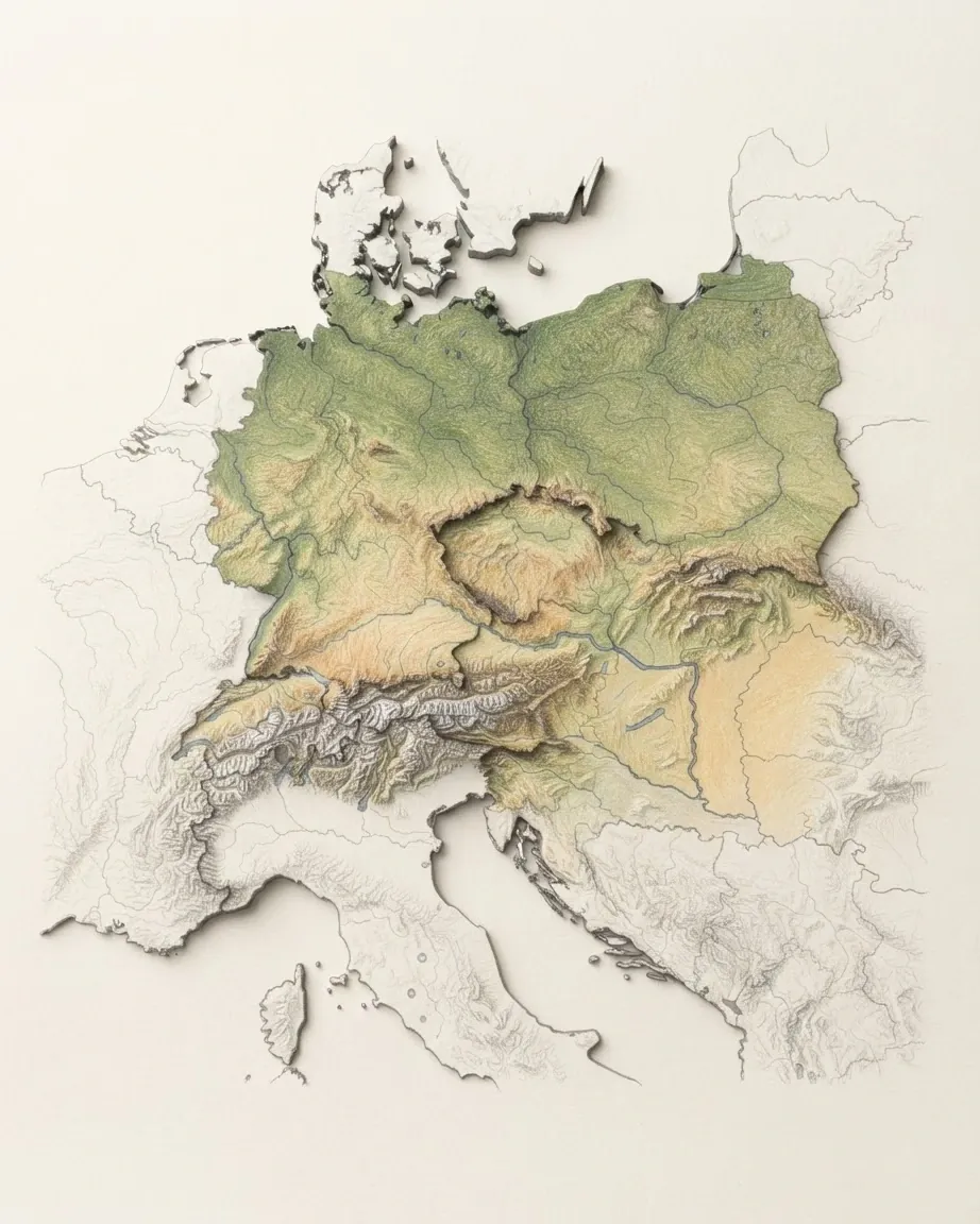Central Europe drawn in graphite and coloured pencil as a raised cast relief in its natural colours, the surrounding land a faint uncoloured relief: the North European Plain across Germany and Poland, the uplands of Czechia, the Carpathians, the Hungarian plain and the white Alps across the south.