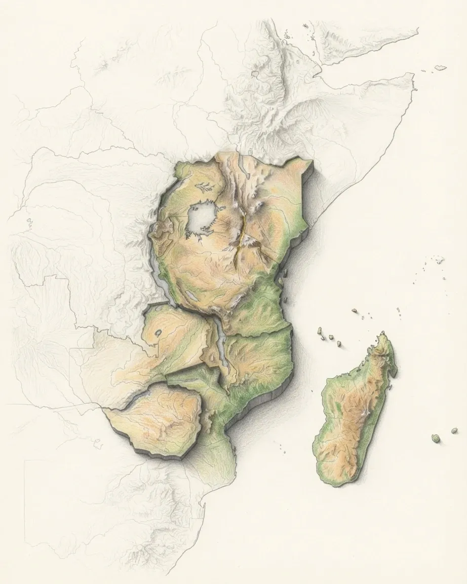 East Africa drawn in graphite and coloured pencil as a raised cast relief in its natural colours, the surrounding land a faint uncoloured relief: the high plateau split by the Great Rift Valley, Lake Victoria and the rift lakes, and the island of Madagascar to the east.