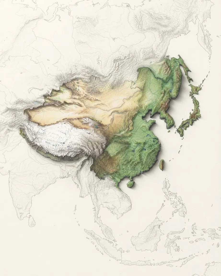 East Asia drawn in graphite and coloured pencil as a raised cast relief in its natural colours, the surrounding land a faint uncoloured relief: the white Tibetan plateau, the pale Gobi, the green plains of eastern China, the Korean Peninsula and the arc of the Japanese islands.