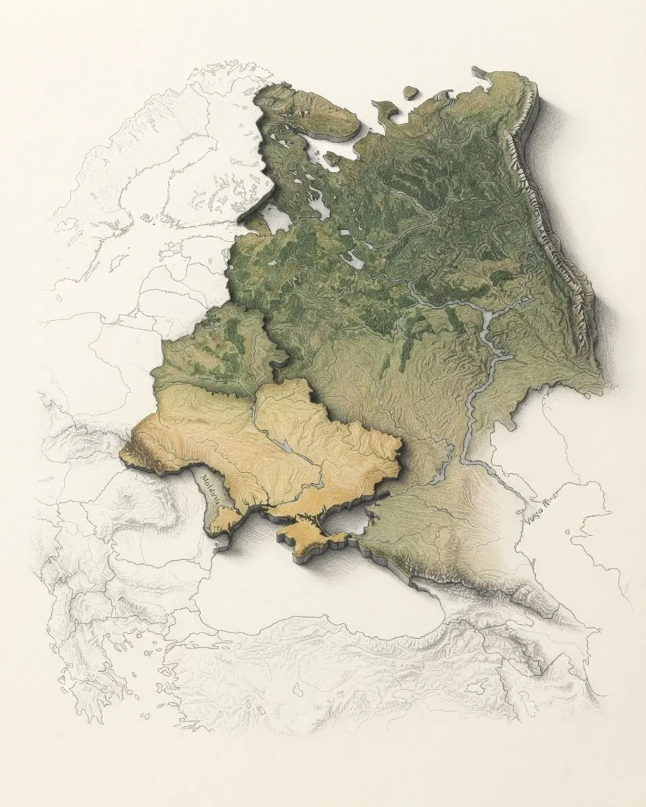 Eastern Europe drawn in graphite and coloured pencil as a raised cast relief in its natural colours, the surrounding land a faint uncoloured relief: the wheat-gold plain of Ukraine with Crimea, Moldova, the forests of Belarus and European Russia stretching north and east.