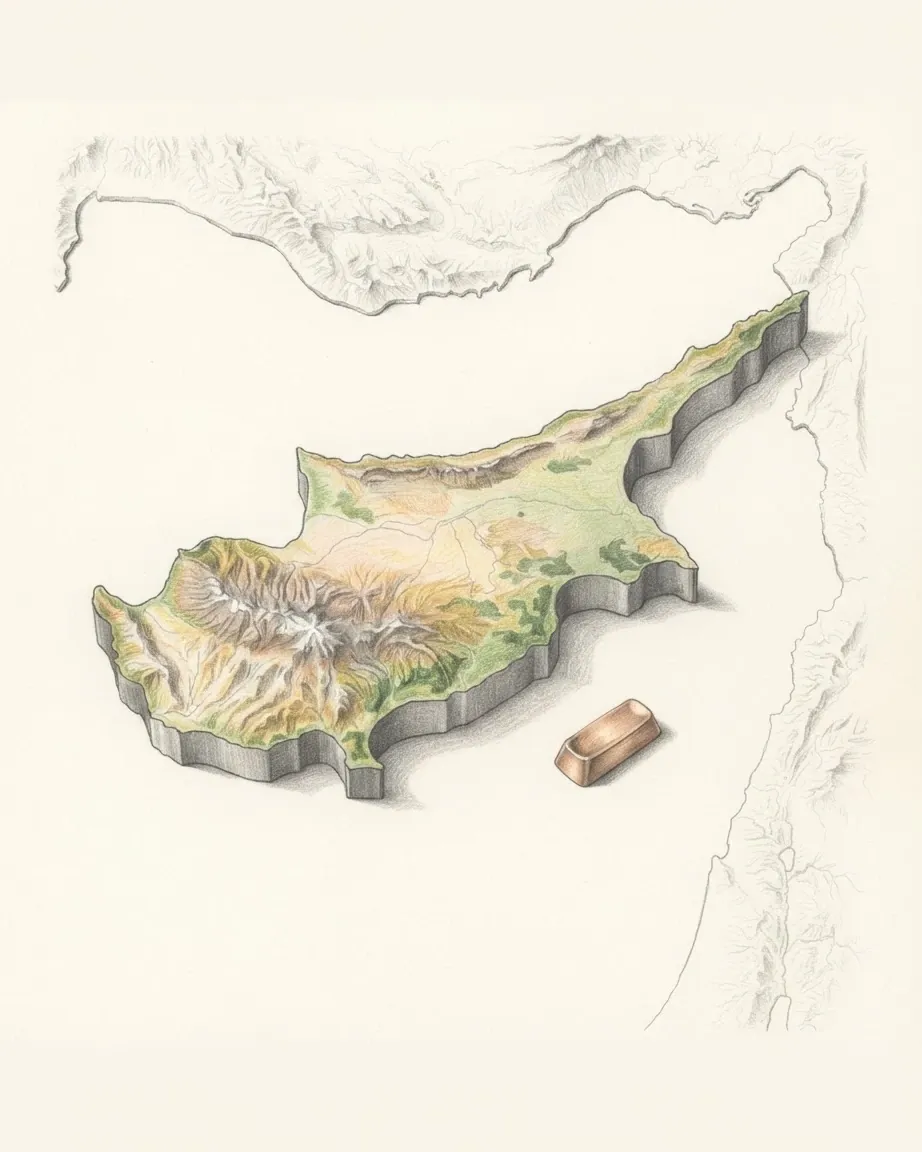 Cyprus drawn in graphite and coloured pencil as a raised cast relief in its natural colours, the surrounding land a faint uncoloured relief: the Troodos massif, the Kyrenia range and the Karpas peninsula, with a small copper ingot in the old oxhide shape lying on the sea beside it.