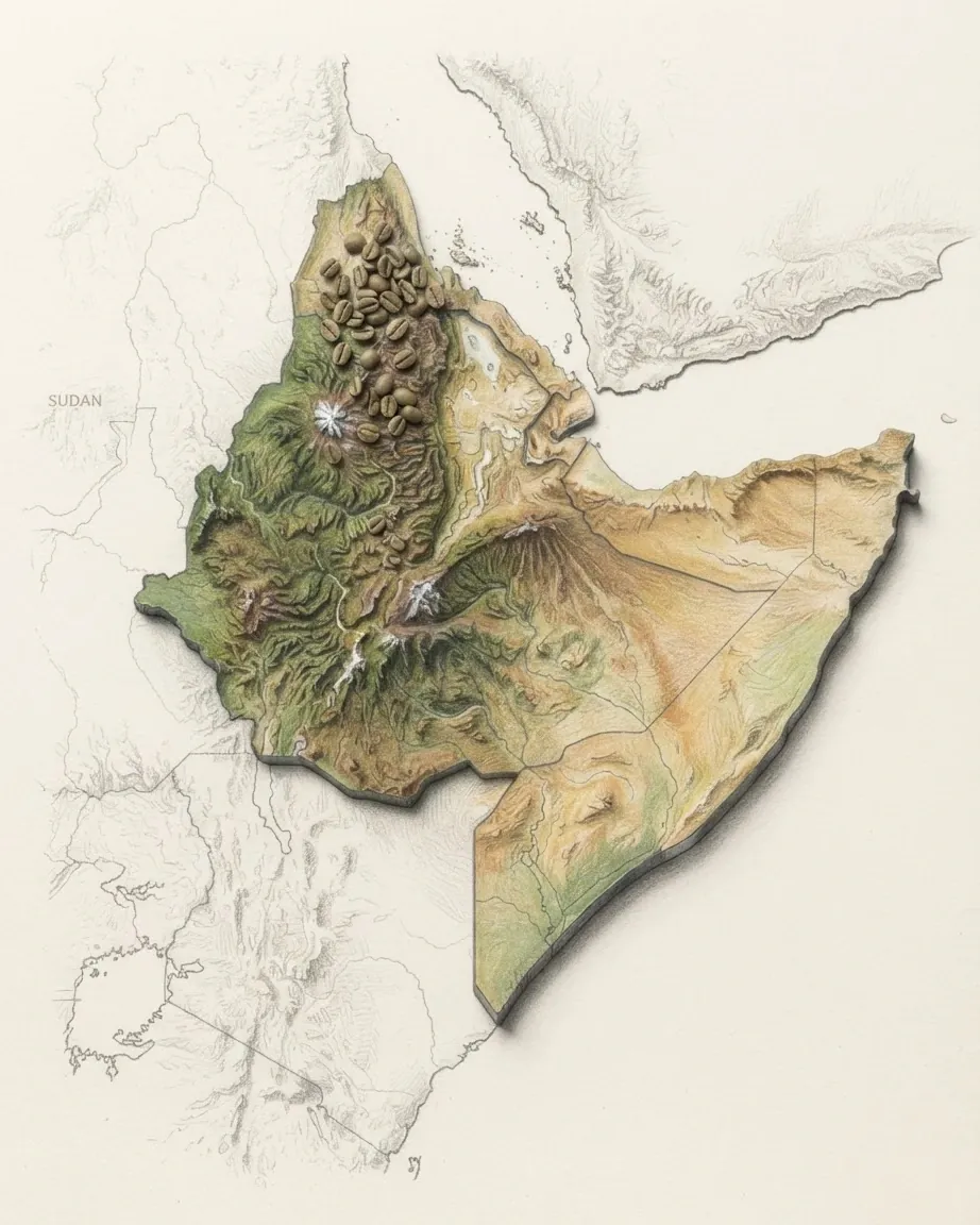 The Horn of Africa drawn in graphite and coloured pencil as a raised cast relief in its natural colours, the surrounding land a faint uncoloured relief: the green Ethiopian Highlands split by the Rift Valley, the Red Sea coast of Eritrea and Djibouti, and the long dry point of Somalia.