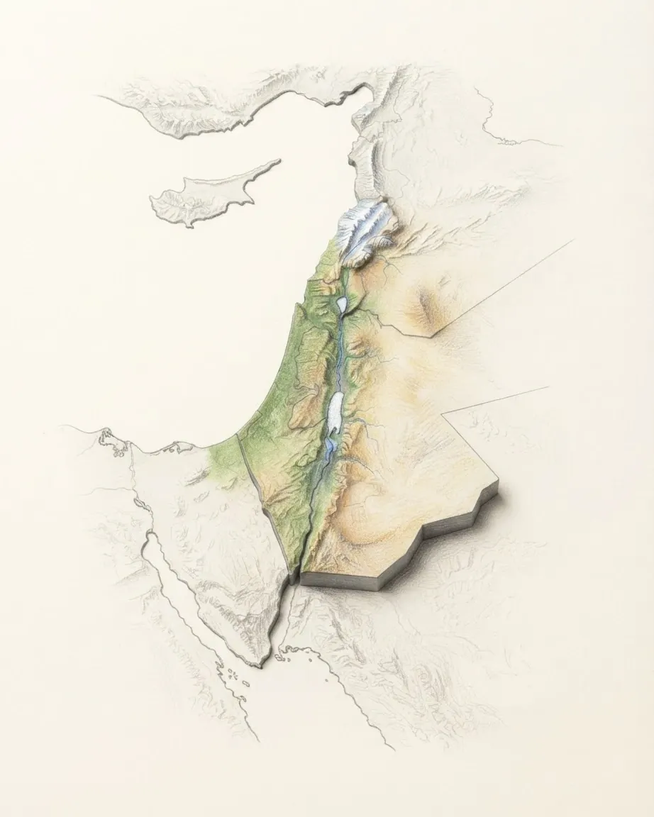 The Levant drawn in graphite and coloured pencil as a raised cast relief in its natural colours, the surrounding land a faint uncoloured relief: the mountains of Lebanon, the green coastal strip, the Jordan River running down its rift to the Dead Sea, and the pale Jordanian plateau to the east.