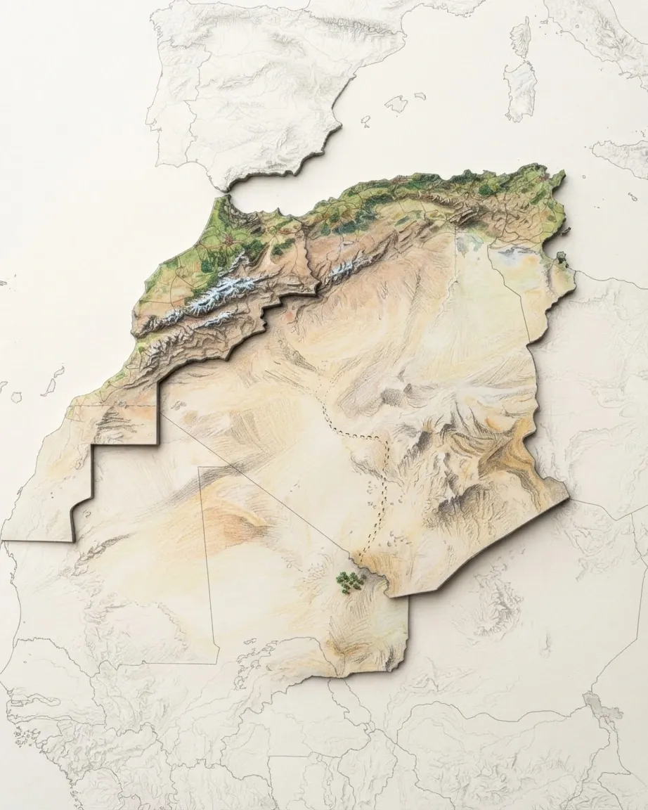 The Maghreb drawn in graphite and coloured pencil as a raised cast relief in its natural colours, the surrounding land a faint uncoloured relief: the Atlas ranges along the north of Morocco, Algeria and Tunisia above a green coastal strip, and the pale Sahara filling the south.