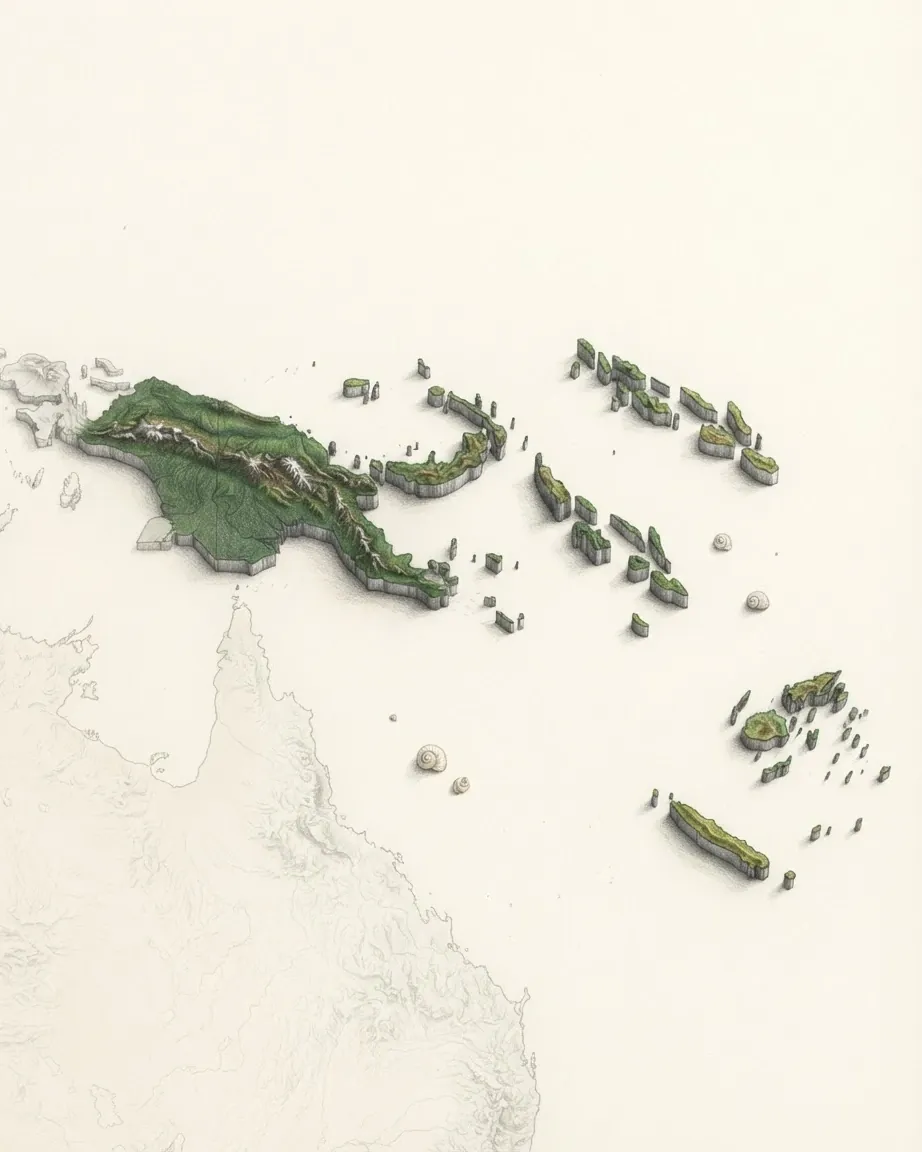 Melanesia drawn in graphite and coloured pencil as a raised cast relief in its natural colours, the surrounding land a faint uncoloured relief: the mountainous green island of New Guinea and the chains of the Solomon Islands, Vanuatu, New Caledonia and Fiji to the east.