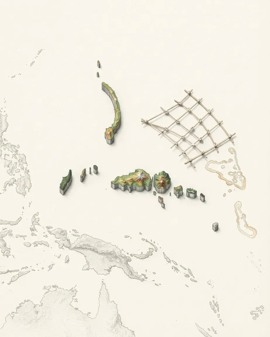 Micronesia drawn in graphite and coloured pencil as a raised cast relief in its natural colours, the surrounding land a faint uncoloured relief: small islands and atoll rings scattered across the western Pacific, with a Marshallese stick chart of palm ribs and shells laid over the sea.