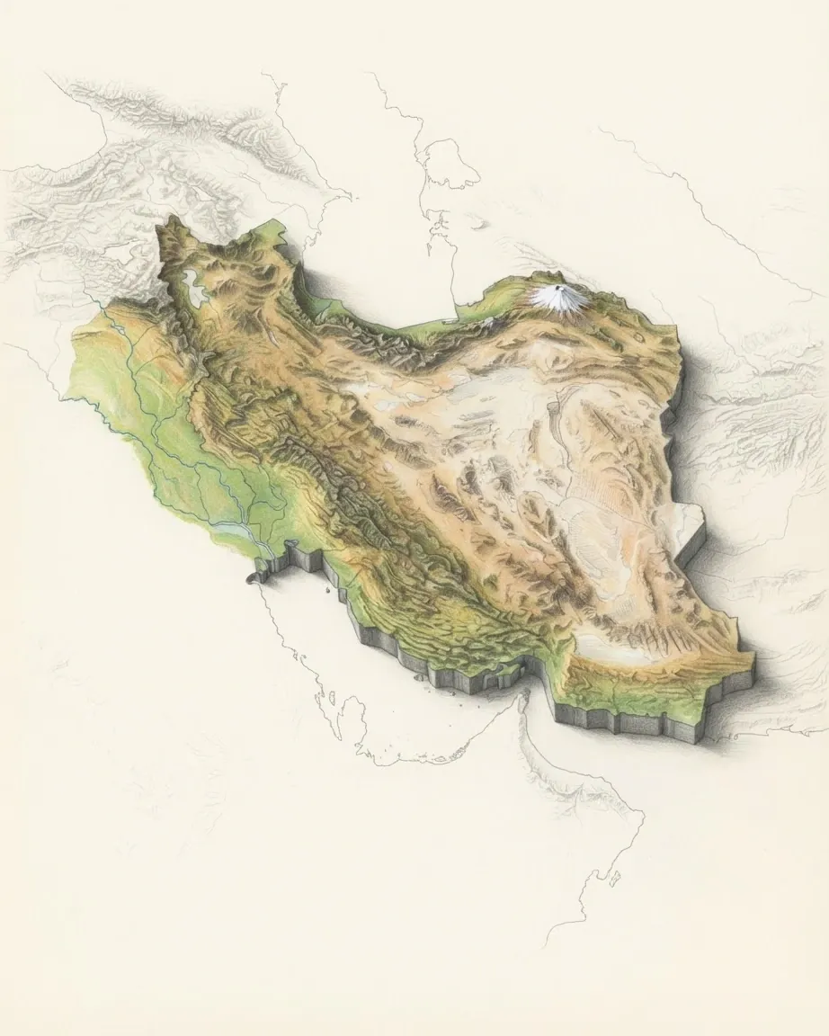 Iraq and Iran drawn in graphite and coloured pencil as a raised cast relief in its natural colours, the surrounding land a faint uncoloured relief: the Mesopotamian floodplain, the long folds of the Zagros and the high dry Iranian plateau reaching to the Caspian shore.