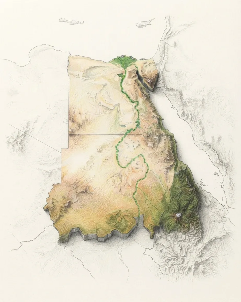 Egypt and Sudan drawn in graphite and coloured pencil as a raised cast relief in its natural colours, the surrounding land a faint uncoloured relief: pale desert filling both countries, the Red Sea hills along the coast, and the Nile running north as a green ribbon to its delta.