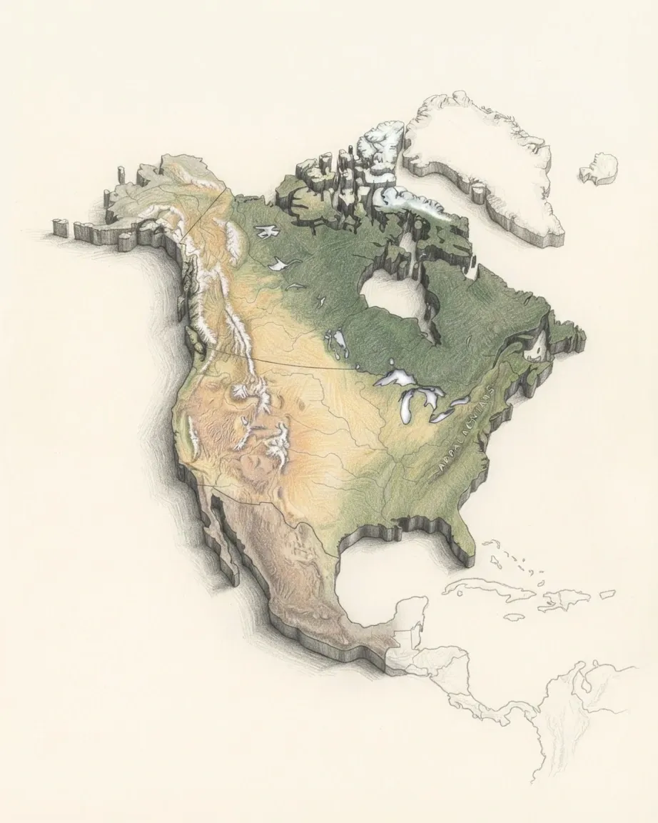 North America drawn in graphite and coloured pencil as a raised cast relief in its natural colours, the surrounding land a faint uncoloured relief: the Rocky Mountains down the west, the Great Plains, the Canadian Shield around Hudson Bay, the Arctic islands and the narrowing plateau of Mexico.