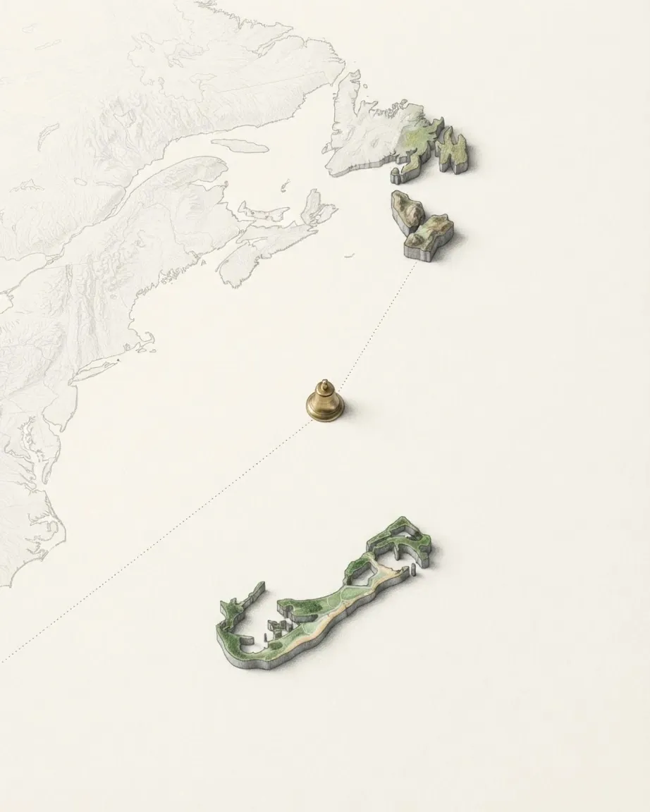 Bermuda and Saint Pierre and Miquelon drawn in graphite and coloured pencil as a raised cast relief in its natural colours, the surrounding land a faint uncoloured relief: two small island groups far apart in the Atlantic off North America, joined by a thin dotted ship's course with a small brass bell.