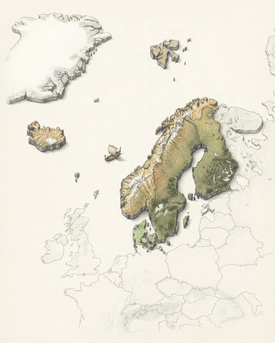 Northern Europe drawn in graphite and coloured pencil as a raised cast relief in its natural colours, the surrounding land a faint uncoloured relief: the Scandinavian peninsula with Norway's fjord coast, Finland's lakes and Denmark, with Iceland and the white ice sheet of Greenland to the west.